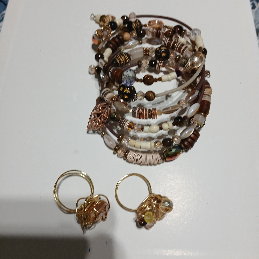 Boho Stackable Brown & Gold Beaded Bracelet And Ring Set - Women Jewelry